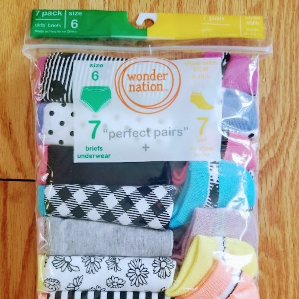 Wonder Nation "Perfect Pairs" - 7 pack Girls briefs and no-show socks - Size 6